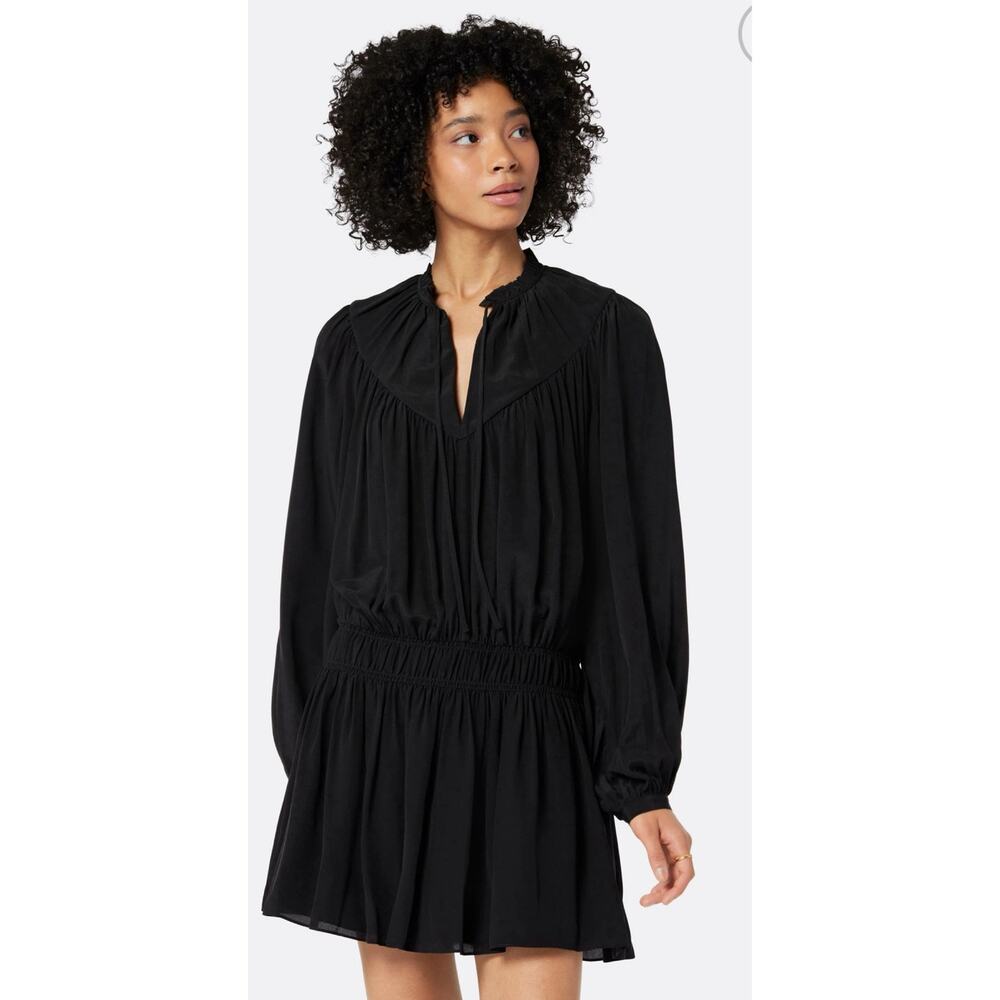 Joie Essex Mini Silk Mini Dress V Neck Long Sleeve Black Preppy Women's 6